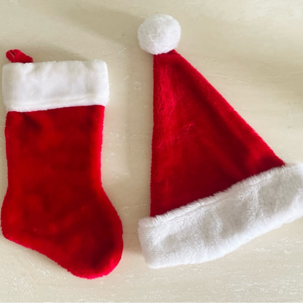 Christmas Holiday Cheer Party Santa Hat and Stocking Set Red White Plush